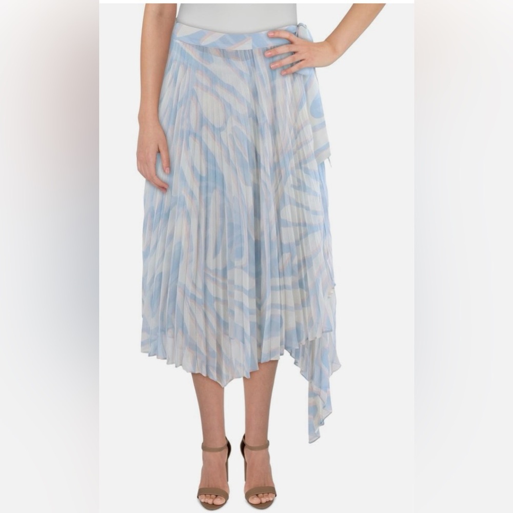BCBGMAXAZRIA 2XX1B28 Womens Blue Midi Striped Pleated Wrap NWT